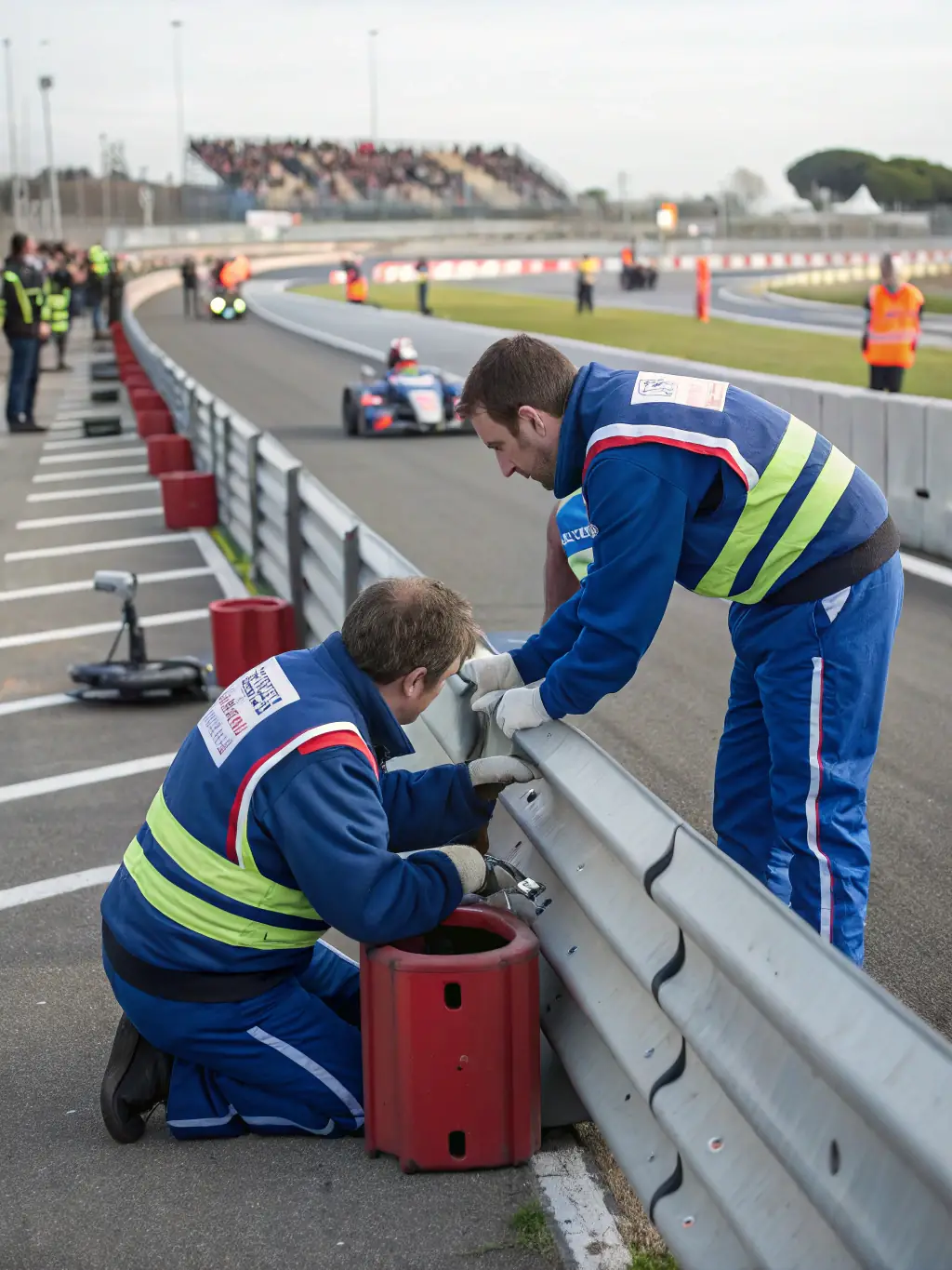 A vibrant image of volunteers assisting during a race event organized by ÉCURIE VÉSUBIENNE AUTOMOBILE, showcasing teamwork and community spirit.
