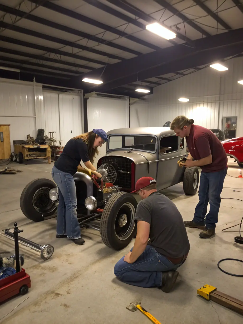 A dynamic image of participants engaged in a motorsports workshop, learning about vehicle maintenance and safety procedures from experienced professionals.