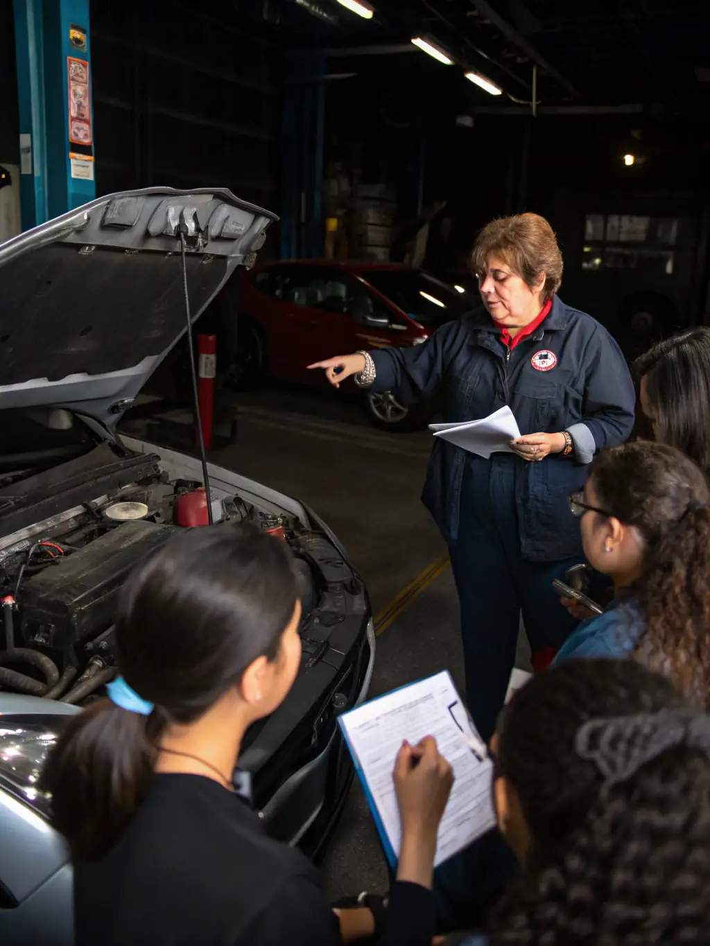 A photo of participants in a motorsports workshop, learning about vehicle maintenance and racing techniques from experienced instructors.